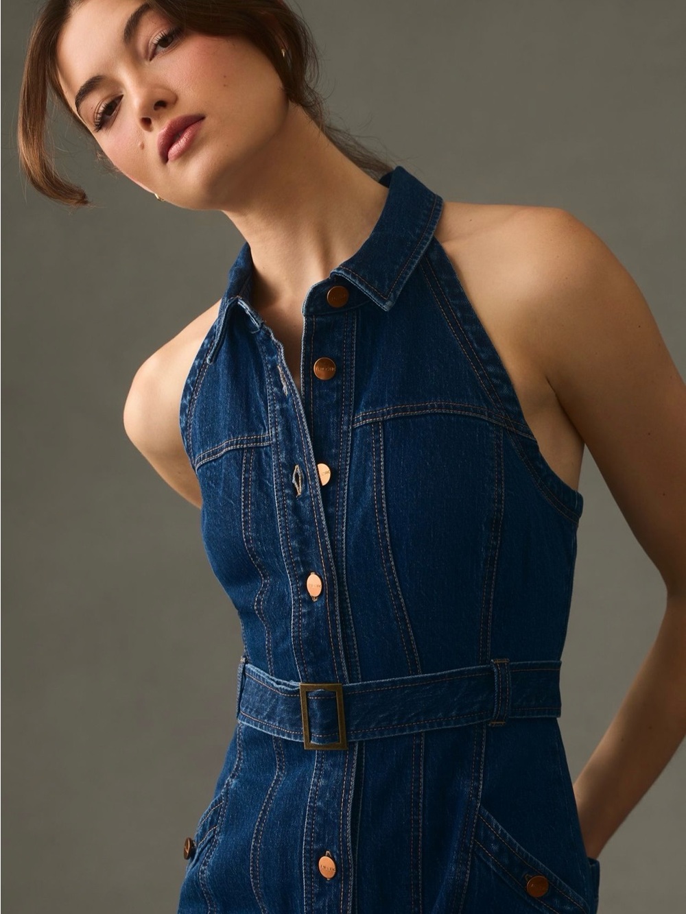 Pilcro Dark Blue Denim Halter Dress with Belt - Picture 3 of 10